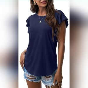 Round Neck Ruffle Cap Sleeve Knit Tunic Blouse